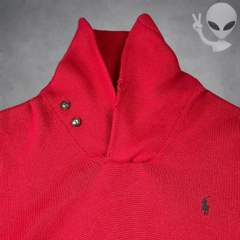 Vintage Polo Ralph Lauren Red Shawl Collar Sweater Black Stripe Medium Preppy - Picture 6 of 8